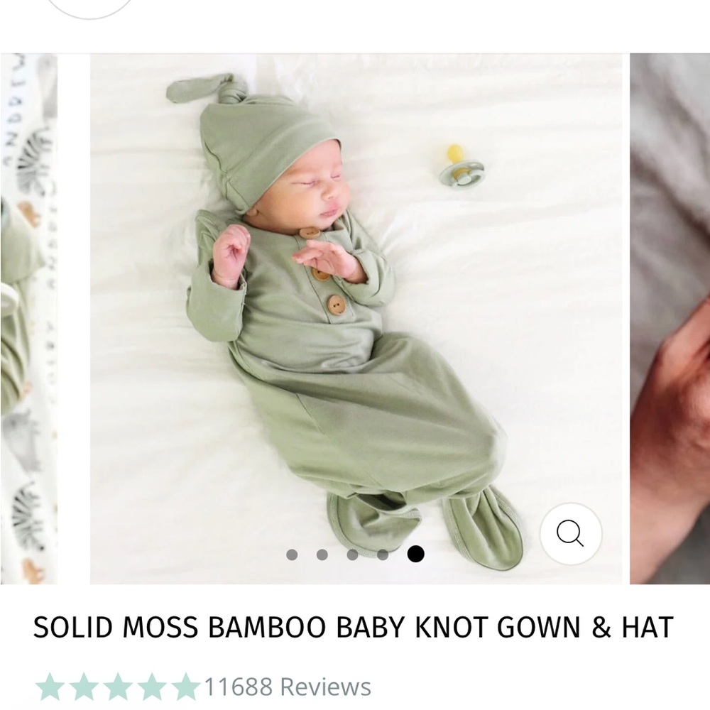 Caden Lane newborn bamboo knot gown. Solid moss color with hat